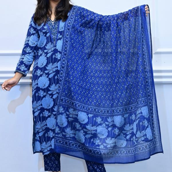 Deep blue floral design 3piece suit set