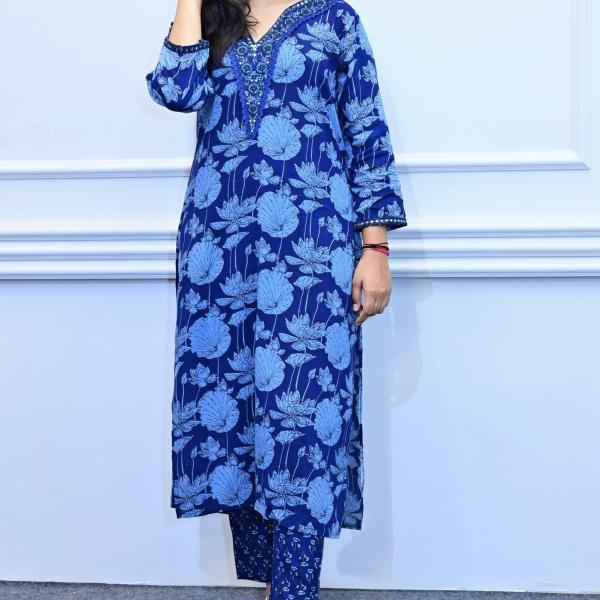 Deep blue floral design 3piece suit set