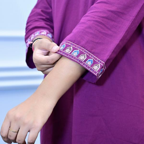 Purple Floral Printed Cotton Kurta Set with Lace Detailing
