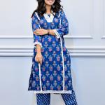 Blue Floral Printed Cotton Kurta Set with Lace Detailing