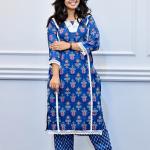 Blue Floral Printed Cotton Kurta Set with Lace Detailing