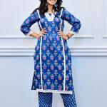 Blue Floral Printed Cotton Kurta Set with Lace Detailing