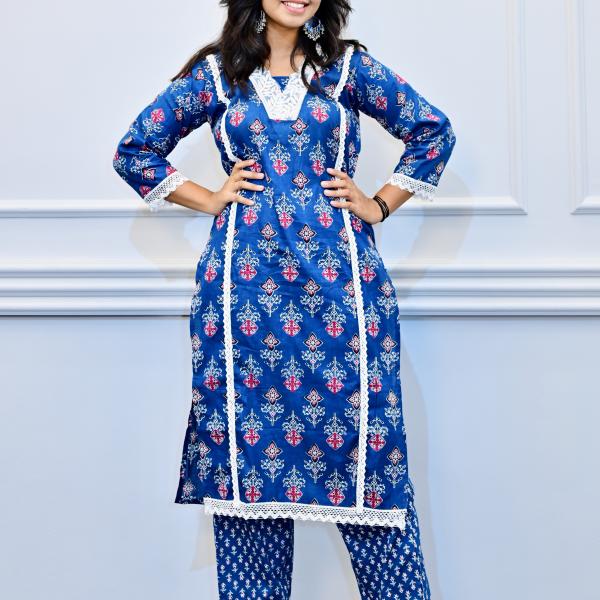 Blue Floral Printed Cotton Kurta Set with Lace Detailing