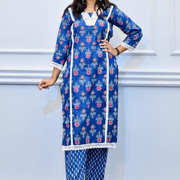 Blue Floral Printed Cotton Kurta Set with Lace Detailing