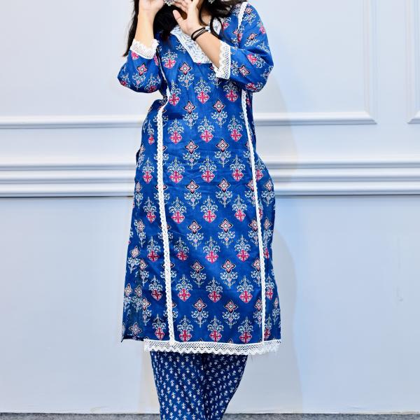 Blue Floral Printed Cotton Kurta Set with Lace Detailing