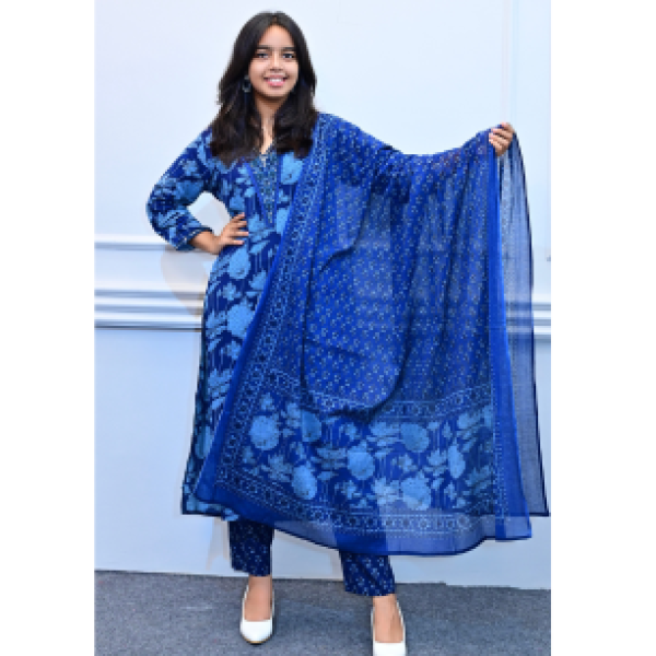 Deep blue floral design 3piece suit set