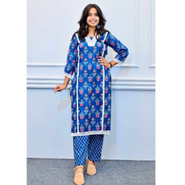 Blue Floral Printed Cotton Kurta Set with Lace Detailing