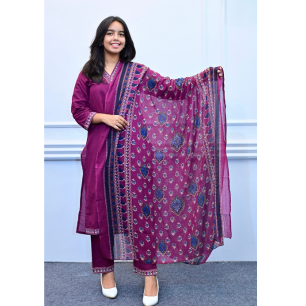Purple Floral Printed Cotton Kurta Set with Lace Detailing
